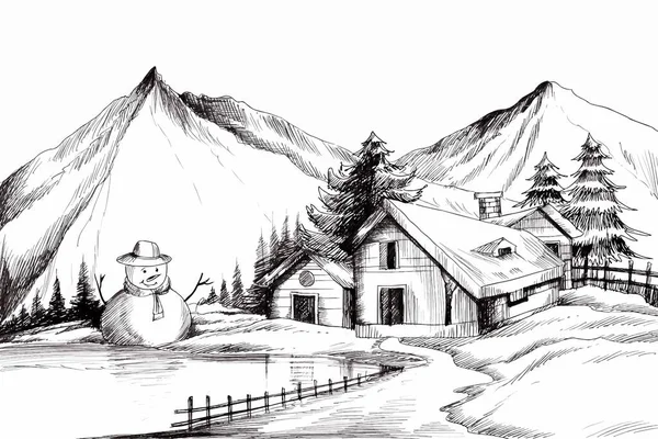 Mano Disegnare Natale Scenario Invernale Freddo Gelo Albero Natale Schizzo — Vettoriale Stock