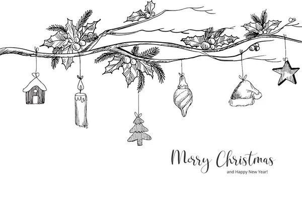 Hand Draw Christmas Elements Sketch Holiday Card Background — Stock Vector