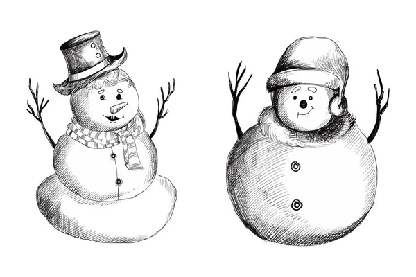 Met Hand Tekenen Kerst Sneeuwpoppen Schets Witte Achtergrond — Stockvector