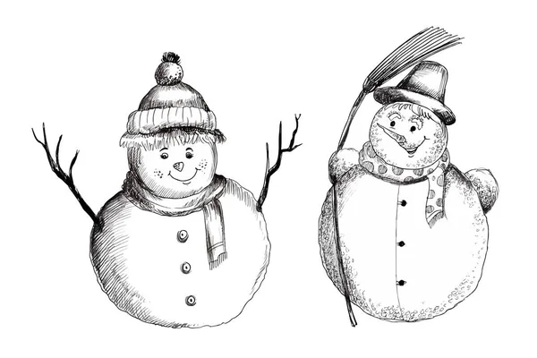 Ручной Набросок Рождественских Снеговиков Белом Фоне — стоковый вектор