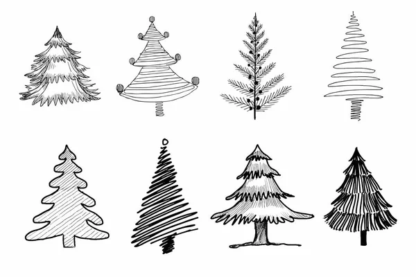 Handtekening Decoratieve Kerst Elementen Boom Schets Set Ontwerp — Stockvector