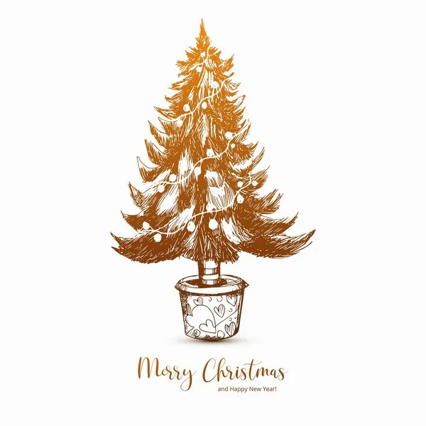 Mão Decorativa Desenhar Esboço Árvore Natal Cartão Celebração Volta — Vetor de Stock
