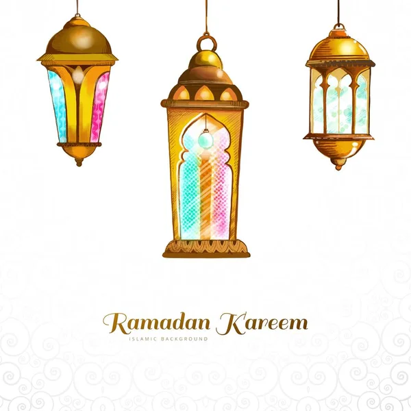 Ramadan Kareem Trzy Kolorowe Tradycyjne Lampy Islamskie Tło Karty — Wektor stockowy