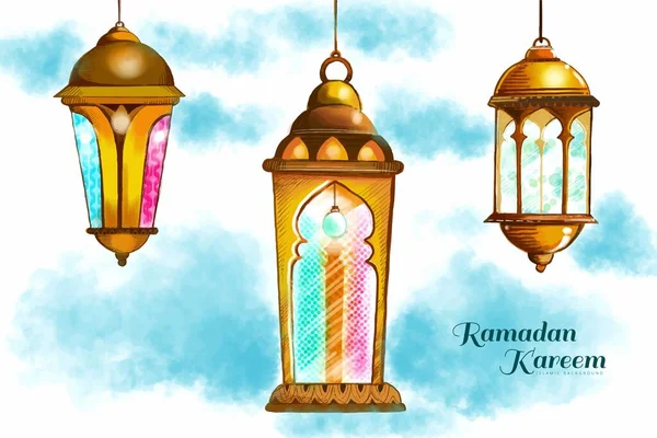 stock vector Ramadan kareem three colorful traditional islamic lamps card background