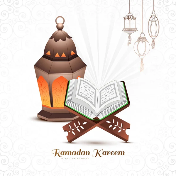 Livro Sagrado Alcorão Stand Com Lâmpadas Árabes Ramadan Fundo Cartão — Vetor de Stock