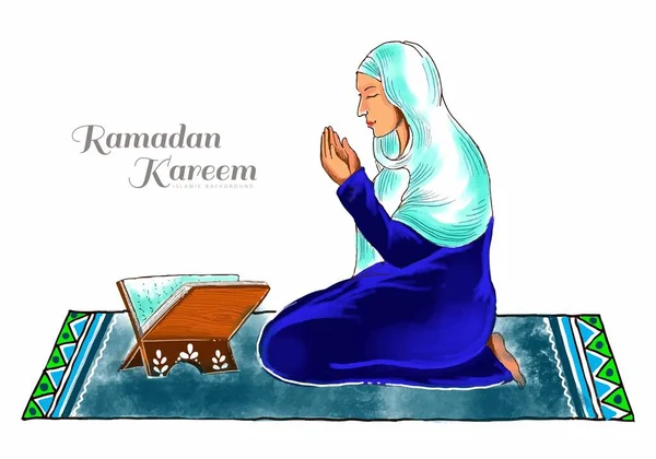 Mulher Muçulmana Lendo Livro Sagrado Islâmico Alcorão Depois Orar Fundo — Vetor de Stock