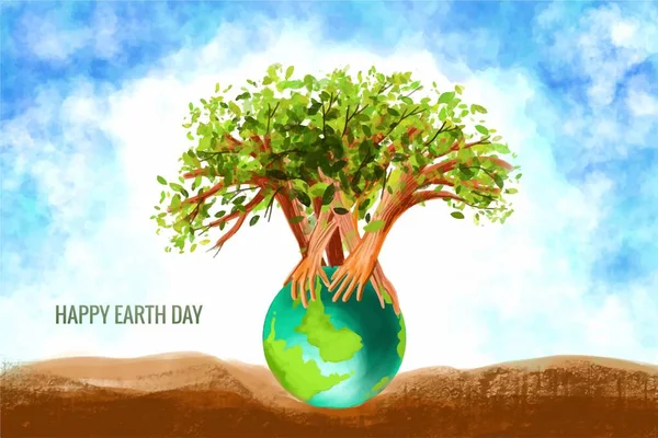 Salvar Mundo Mãos Árvore Feliz Terra Dia Fundo — Vetor de Stock