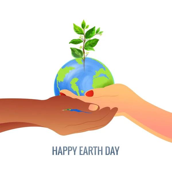 Счастливый День Земли Руках Держа Руках Дизайн Концепции Глобуса — стоковый вектор