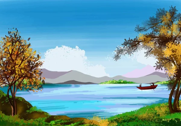 Beautiful Nature Landscape Hand Draw Watercolor Background — Stockvektor