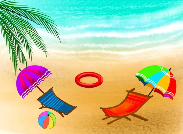 Deck Krzesło Parasol Plażowy Wybrzeżu Piasku Lato Tło Wakacje — Wektor stockowy
