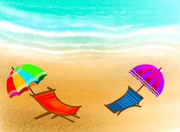 Yaz Tatili Arka Planında Güverte Sandalyesi Plaj Şemsiyesi — Stok Vektör