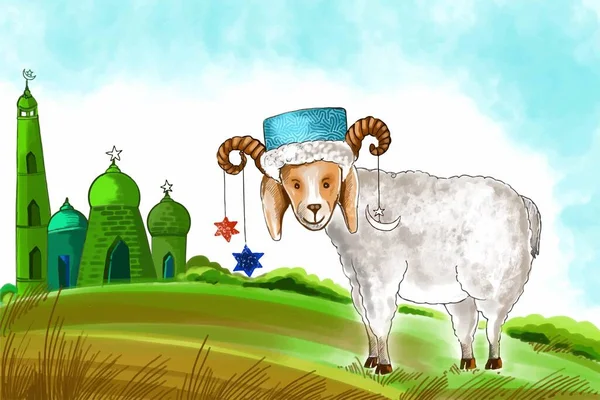 Eid Adha Вітальна Листівка Дизайном Кози Акварелі — стоковий вектор