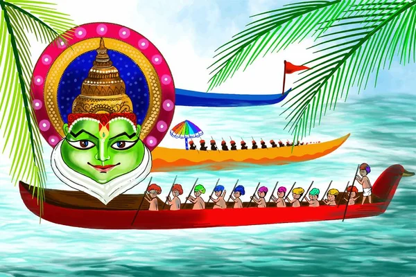 Snakeboat Race Onam Celebration Background Kathakali Face Background — Image vectorielle