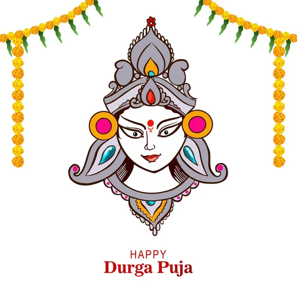 stock vector Goddess durga face in happy durga puja card background