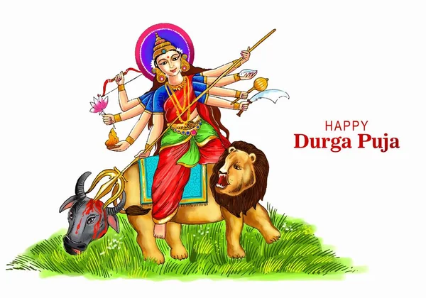 Déesse Durga Visage Dans Happy Durga Puja Carte Arrière Plan — Image vectorielle