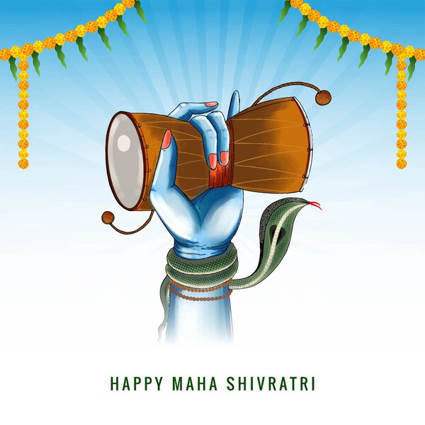 Hindu festival maha shivratri lord shiva hand holding damru card background    