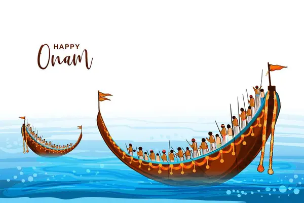 stock vector Hand draw happy onam festival of south india on snakeboat race celebration card design