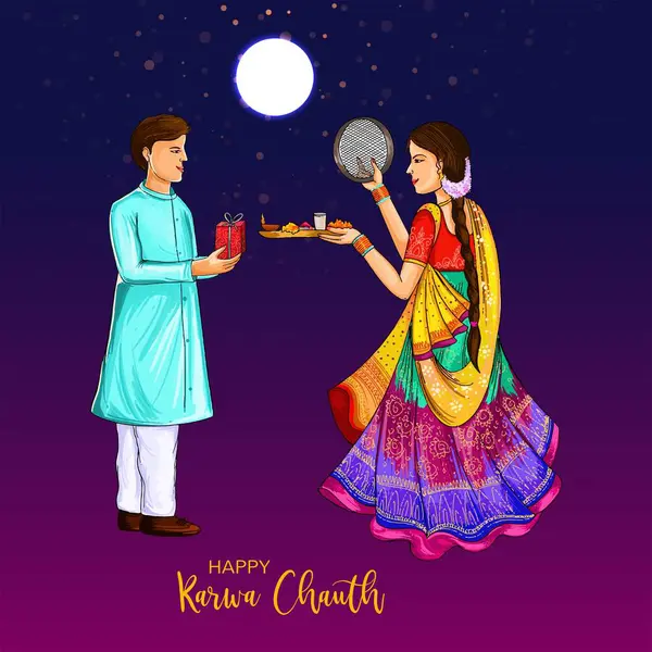 stock vector Karwa chauth festival card with indian copule celebration card background