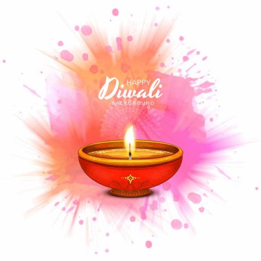 Happy diwali greeting card with watercolor diya background clipart