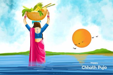 Happy chhath puja holiday background for sun festival of india clipart