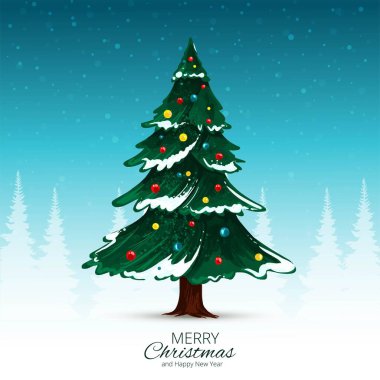 Merry christmas green tree card on blue background