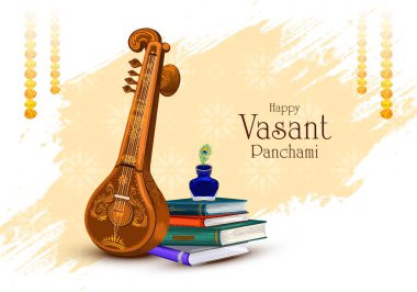 Happy vasant panchami indian festival card with veena illustration background clipart