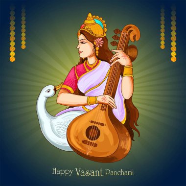 Happy vasant panchami indian festival background with Veena card design clipart