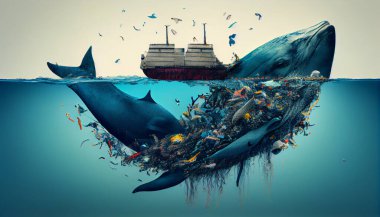 Ocean pollution. Whale in the ocean among piles of garbage. Environmental Problem.