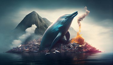 Ocean pollution. Dolphin among mountains of garbage in the ocean. Environmental Problem