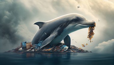 Ocean pollution. Dolphin among mountains of garbage in the ocean. Environmental Problem