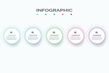 İş verisi görselleştirmesi. İşlem çizelgesi. Grafiğin soyut ögeleri, basamaklı diyagram, 5 seçenekli bilgi şablonu. Vektör illüstrasyonu.