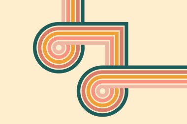 Soyut gökkuşağı kıvrımlı arka plan. Retro 1960 'lar ve 1970' lerin vektör tasarım tarzı. Güneş ve gökkuşağı girdap deseni, desenli dalgalı şekiller tasarım, afiş, klasik poster titreşimleri, Funky Ray elementleri.