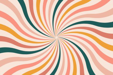 Soyut gökkuşağı kıvrımlı arka plan. Retro 1960 'lar ve 1970' lerin vektör tasarım tarzı. Güneş ve gökkuşağı girdap deseni, desenli dalgalı şekiller tasarım, afiş, klasik poster titreşimleri, Funky Ray elementleri.