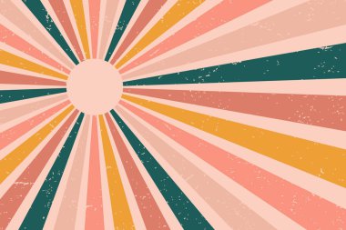 Soyut gökkuşağı kıvrımlı arka plan. Retro 1960 'lar ve 1970' lerin vektör tasarım tarzı. Güneş ve gökkuşağı girdap deseni, desenli dalgalı şekiller tasarım, afiş, klasik poster titreşimleri, Funky Ray elementleri.