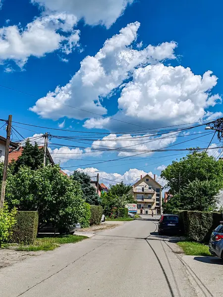 Sunny Suburban Caddesi. Idyllic Mahallesi Canlı Mavi Gökyüzü Altında