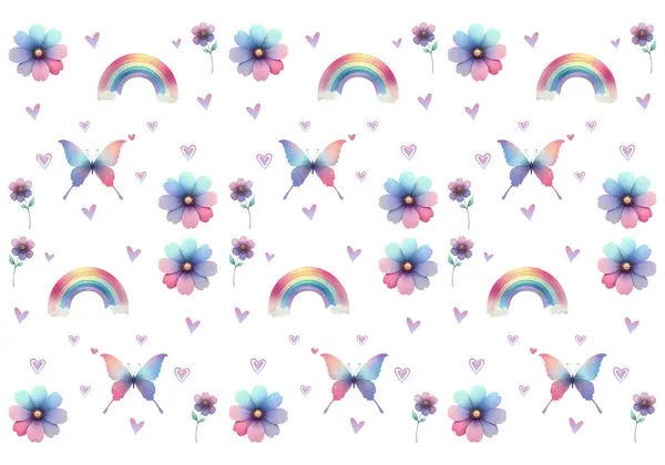 Renkli gökkuşakları, çiçekler ve kelebekler pürüzsüz desen