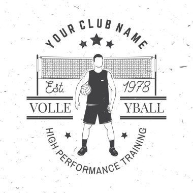 Voleybol kulübü rozet tasarımı. Vektör çizimi. Kolej ligi spor kulübü amblemi, işareti, logosu için. Klasik monokrom etiketi, çıkartma, voleybol topu, oyuncu ve net siluet ile yama
