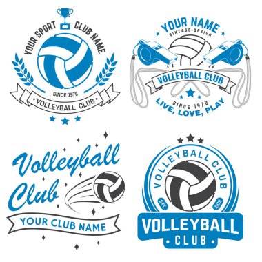 Voleybol kulübü rozet dizaynı. Vektör çizimi. Kolej ligi spor kulübü amblemi, işareti, logosu için. Klasik monokrom etiketi, çıkartma, voleybol, oyuncu, ağ ve hakemle yama