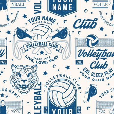 Voleybol kulübünün pürüzsüz bir düzeni var. Vektör çizimi. Spor şablonu arka planı veya voleybol topu, oyuncu, ağ ve hakem düdüğü siluetleri içeren duvar kağıdı kavramı