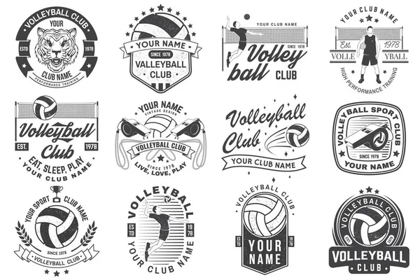 Set of volleyball club badge design. Vector illustration. For college league sport club emblem, sign, logo. Vintage monochrome label, sticker, patch with volleyball ball, player, net and referee