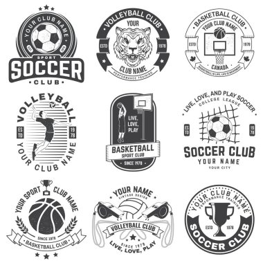 Klasik monokrom etiketi, çıkartma, basketbol, voleybol, futbolcu siluetleri. Vektör illüstrasyonu