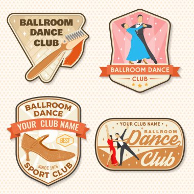 Salon dansı spor kulübü rozeti, logo, yama. Gömlek, logo, baskı, pul ya da tişört konsepti. Spor ayakkabı fırçası, balo salonu dansı silueti için ayakkabılar. Vektör illüstrasyonu