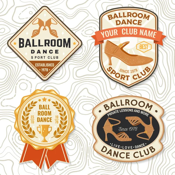 Ballroom dance sport club badge, logo, patch. Concept for shirt or logo, print, stamp or tee. Dance sport sticker with trophy cup, shoes for ballroom dancing silhouette. Vector illustration