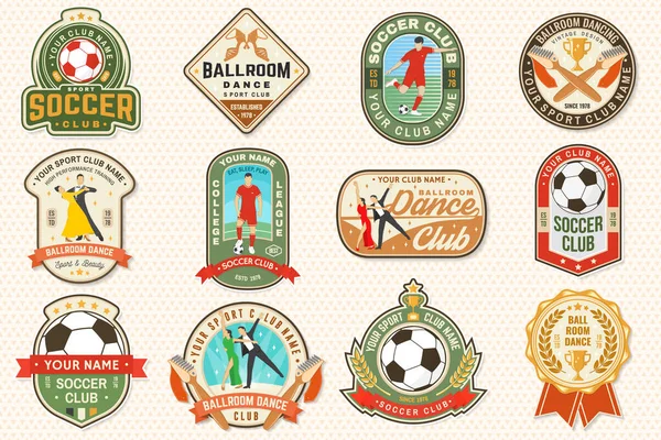 Ballroom dance and soccer club sport club badge, logo, patch. Concept for shirt or logo, print, stamp or tee. Vector illustration. Patch with shoe brush, dancing man and woman, goalkeeper, gate and