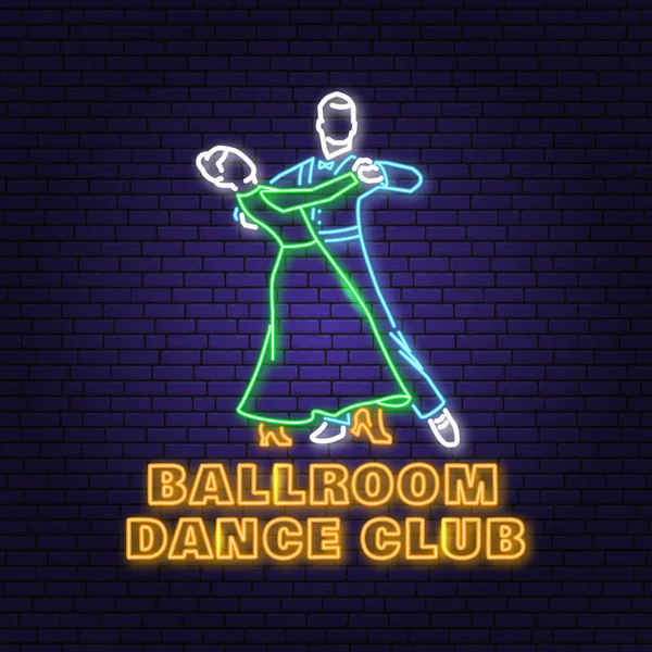 Ballroom dance sport club Bright Neon Sign. Dance sport neon emblem with man and woman silhouette. Vector. Tango, waltz, couples dancing ballroom style