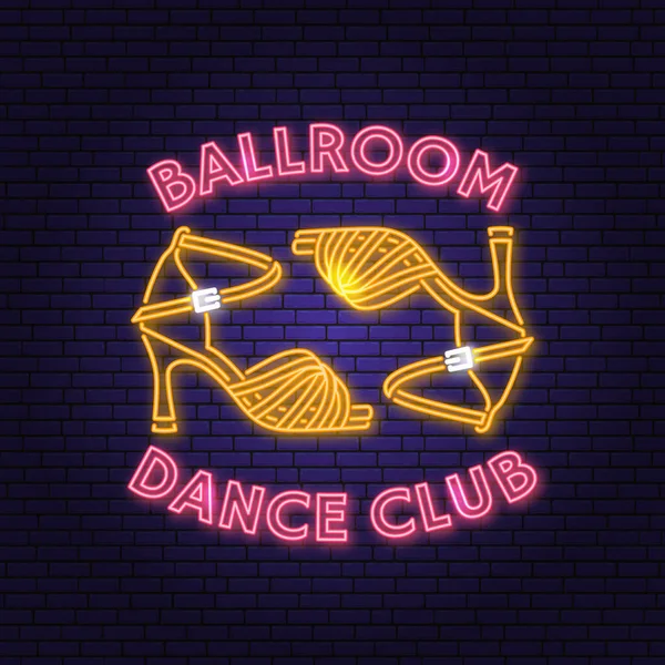 Ballroom dance sport club Bright Neon Sign. Concept for shirt or logo, print, stamp or tee. Dance sport neon emblem with shoes for ballroom dancing silhouette. Vector illustration
