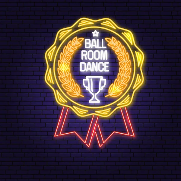 Ballroom dance sport club Bright Neon Sign. Concept for shirt or logo, print, stamp or tee. Dance sport neon emblem with trophy cup for ballroom dancing silhouette. Vector illustration