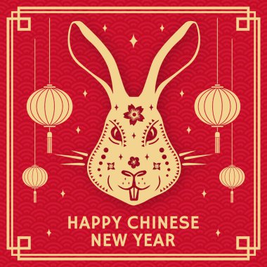 Tavşan siluetiyle Mutlu Çin Yeni Yılı posteri. Vektör çizimi. Afişler, kartlar, üzerinde tavşan işareti olan afişler için 2023 Çin Yeni Yılı
