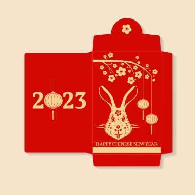 Çin Yeni Yıl kırmızı zarfı düz simgesi. Vektör çizimi. Kırmızı pakette altın tavşanlar ve fenerler. Çin Yeni Yılı 2023 Tavşan Yılı