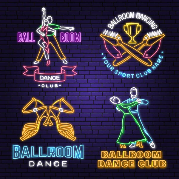 Set of Ballroom dance sport club Bright Neon Sign. Dance sport neon emblem with shoe brush, man and woman silhouette. Vector. Rumba, salsa, samba couples dancing ballroom style